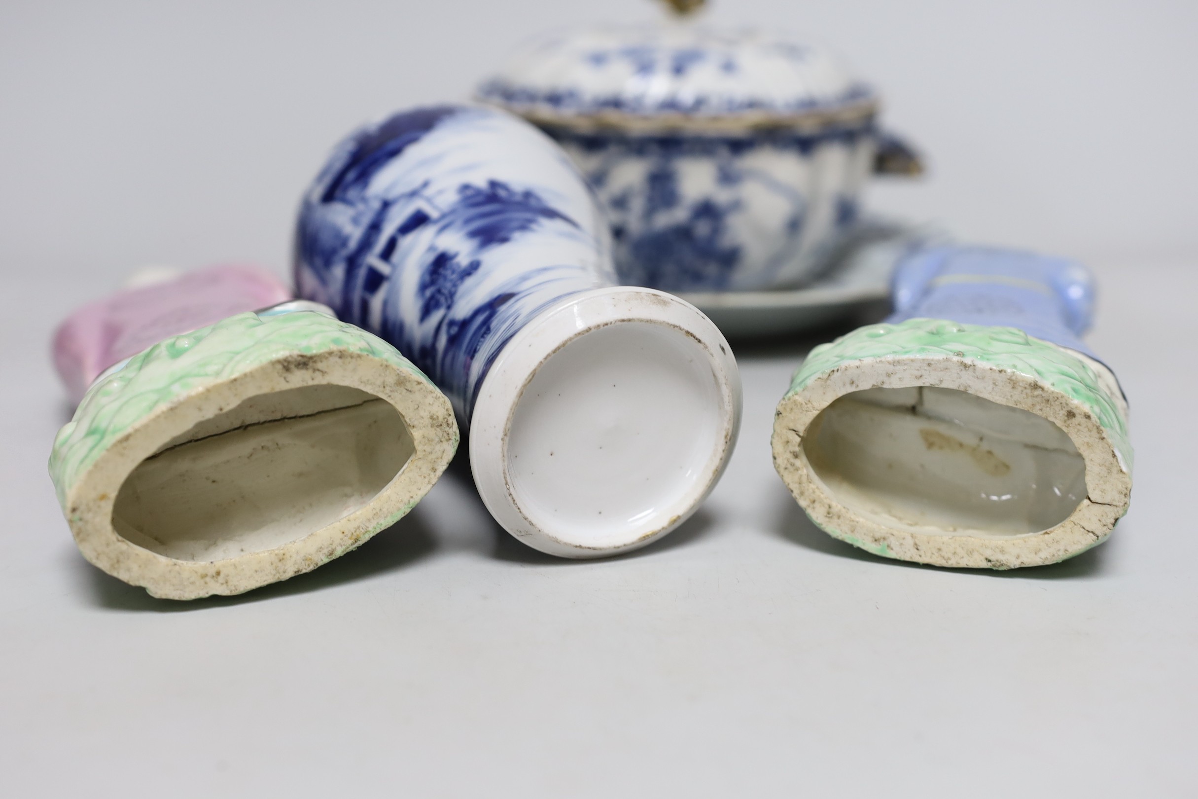 A group of 18th century Chinese export ceramics, together with a pair of Chinese Jiaqing enamelled porcelain figures of immortals, tallest 22cm